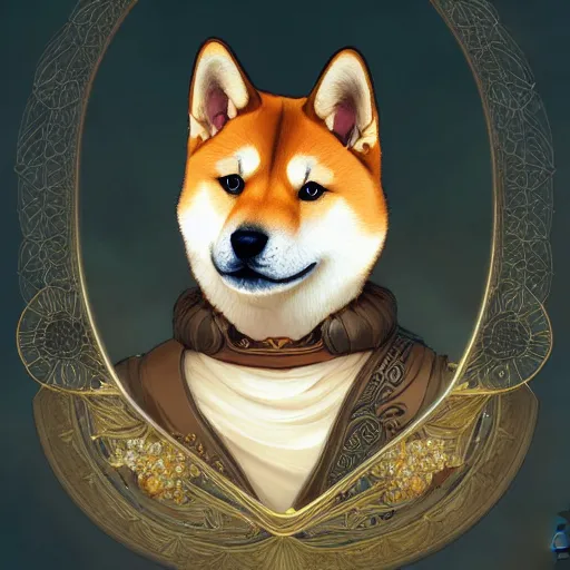 Image similar to portrait of a shiba inu as a birthday cake, fantasy, intricate, elegant, highly detailed, digital painting, artstation, concept art, smooth, sharp focus, illustration, art by artgerm and greg rutkowski and alphonse mucha