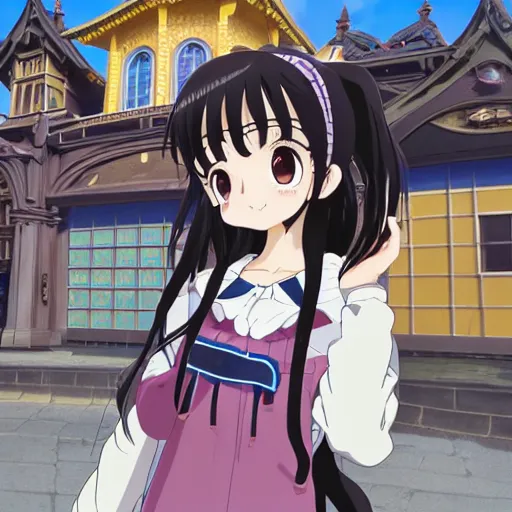 Image similar to menhera - chan, anime girl with long brown hair and black hoodie, posting in front of the wdw castle, kyoani, kyoto animation, key visual