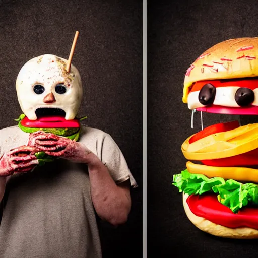 Image similar to a humanoid bipedal upright zombie that strongly resembles a hamburger, professional food photography