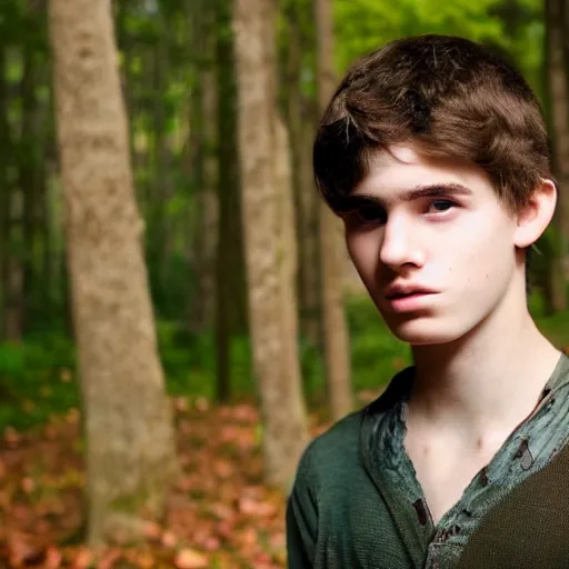 Prompt: a teenage boy, around 1 9 yo. natural brown hair. loincloth, pale skin. realistic face. ominous and eerie looking forest i'm background. natural colors.