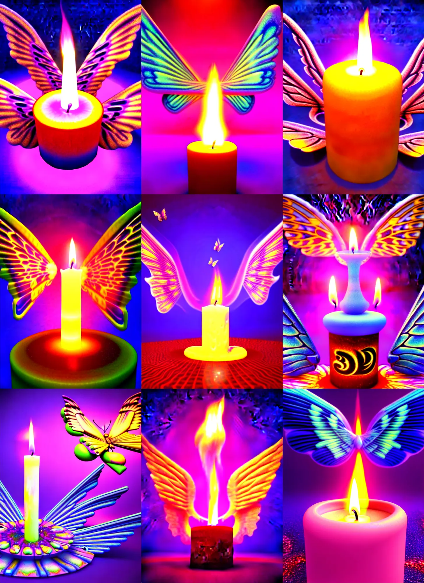 Prompt: 3 d render of melting wax candle with angel wings against a psychedelic surreal background with 3 d butterflies and 3 d flowers n the style of 1 9 9 0's cg graphics 3 d rendered y 2 k aesthetic by ichiro tanida, 3 do magazine, wide shot