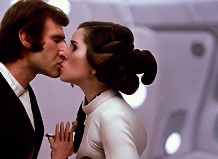 Image similar to screenshot of Han Solo dressed up as an imperial officer kissing Princess Leia Organa, iconic scene from 1970s thriller film directed by Stanley Kubrick, in a sci-fi shipping port, last jedi, 4k HD, cinematic lighting, beautiful portraits of Harrison Ford and Carrie Fischer, moody, stunning cinematography, anamorphic lenses, kodak color film stock