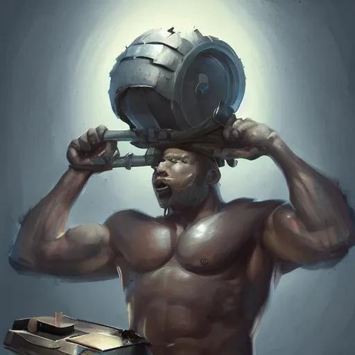 Image similar to ! dream artwork of a tv - headed muscular blacksmith man with a tv on his head, cool style, concept art, super detailed, 4 k hd, trending on artstation, digital painted, low contrast, made by greg rutkowski and viktoria gavrilenko