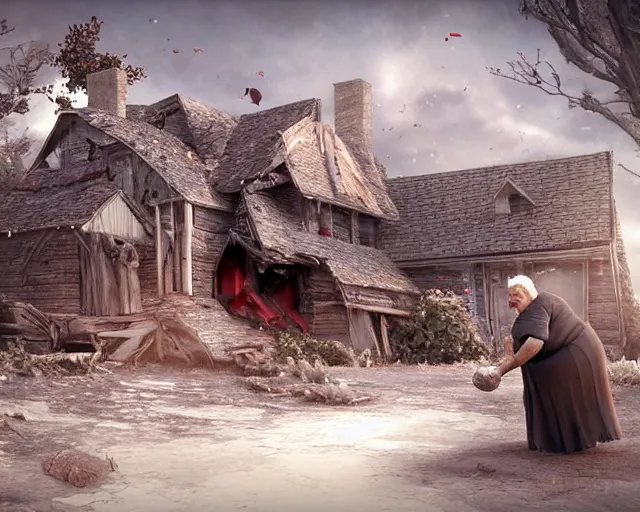 Image similar to of a very beautiful scene. ambient occlusion render. a sweet fat old woman is giving birth to her broken house. hyper realistic. 4 k. wide angle. wild. symmetrical face, red mouth, blue eyes. deep focus, lovely scene. ambient occlusion render. concept art. unreal engine.