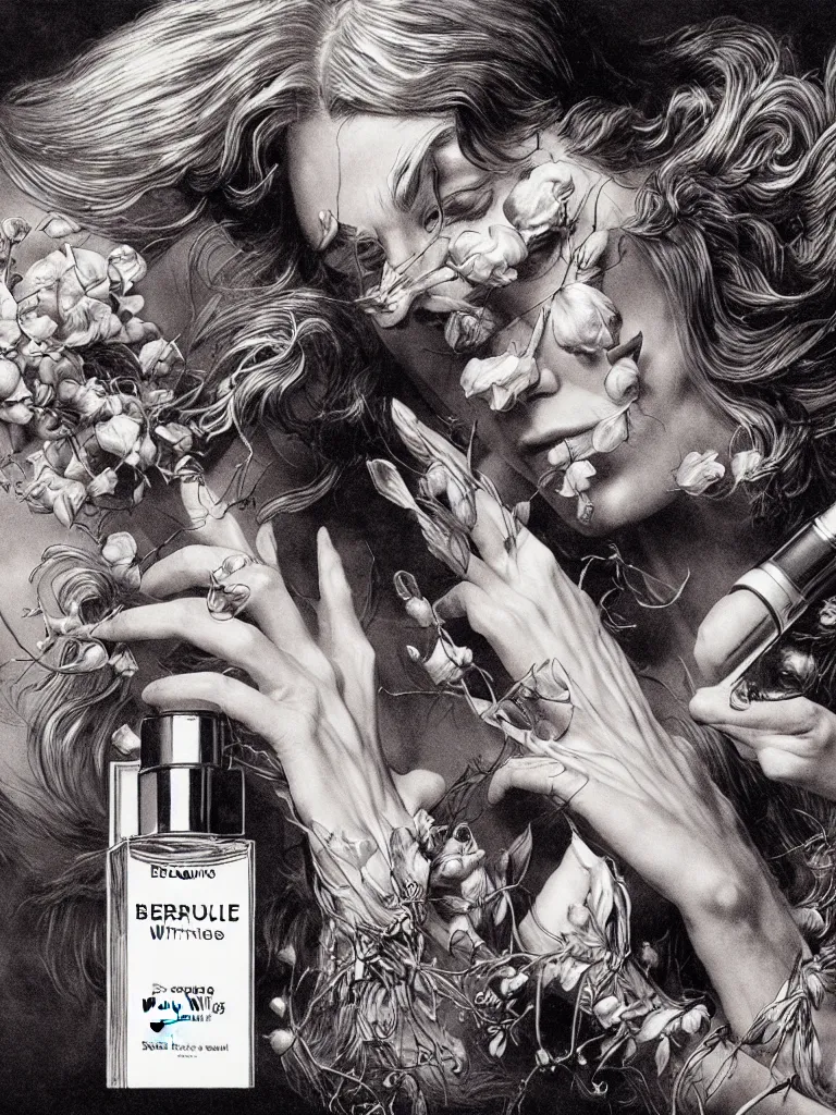 Image similar to fragrance advertising campaign by bernie wrightson, highly detailed