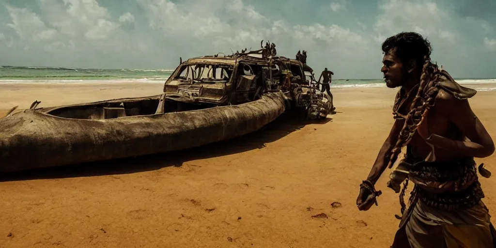 Prompt: sri lankan mad max style, ocean ship, film still, epic shot cinematography, rule of thirds