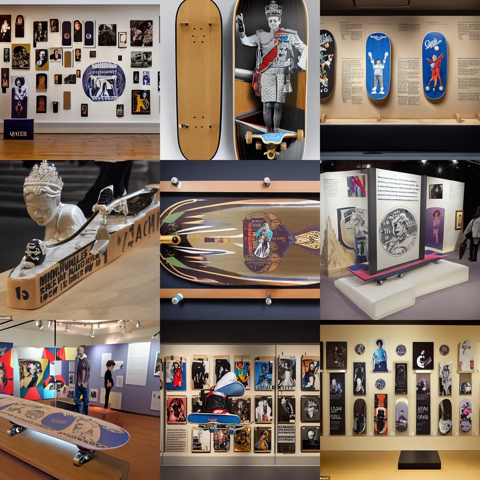 Prompt: the queen ’ s royal skateboard, museum display