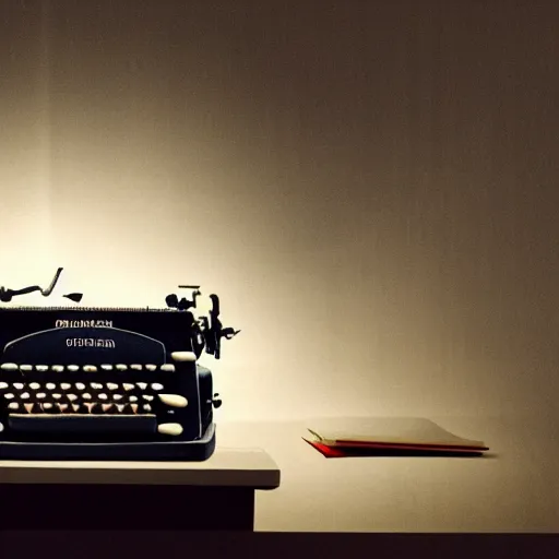 Image similar to painting of a typewriter on a desk in a dimly lit room, volumetric lighting, style of greg rutkowski