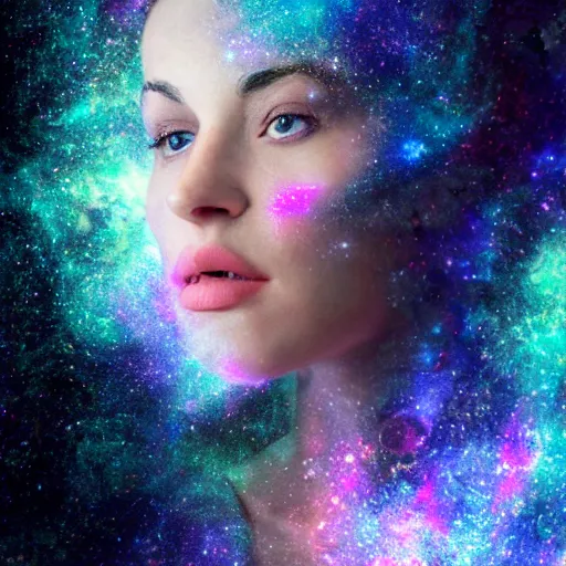 Image similar to woman portrait made out of galaxies floating in space, saturn, highly detailed, beautiful, realistic, comic book art, unreal engine, octane render, sharp focus