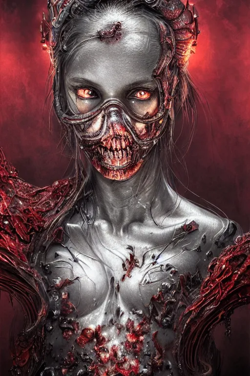 Image similar to realistic portrait of beautifully crystalized and detailed portrait of a biomech zombie woman wearing a gasmask, matte painting of cinematic movie scene red dragon, horror, created by gustave dore and greg rutkowski, high detailed, smooth draw, synthwave neon retro, intricate, realistic proportions, dramatic lighting, trending on artstation.