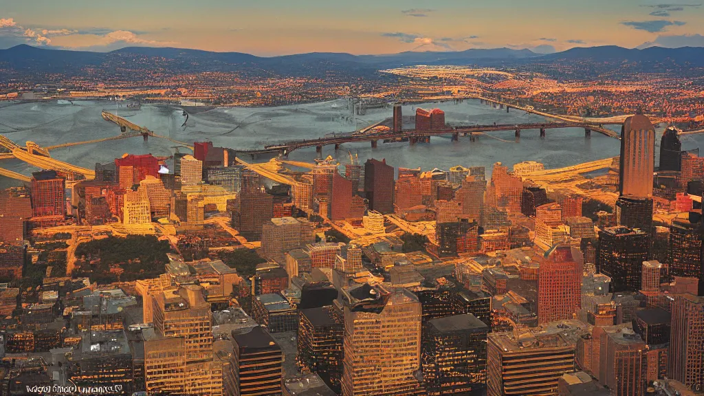 Prompt: an apocalyptic Pittsburgh, medium format photography taken from Mount Washington, Fuji velvia, 4k, golden hour