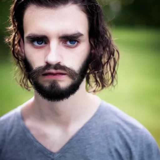 Image similar to young man, long hair, short facial hair, no mustache, dark green eyes, dark eyebrows, light widows peak light facial hair, canon eos r 3, f / 1. 4, iso 2 0 0, 1 / 1 6 0 s, 8 k, raw, unedited, symmetrical balance, in - frame