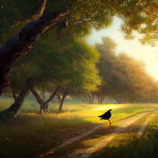 Image similar to spanish golden oriole flying in avila path between oak trees, summer mid day, 4 k, concept art, by wlop, ilya kuvshinov, artgerm, krenz cushart, greg rutkowski, pixiv. cinematic dramatic atmosphere, sharp focus, volumetric lighting, cinematic lighting, studio quality