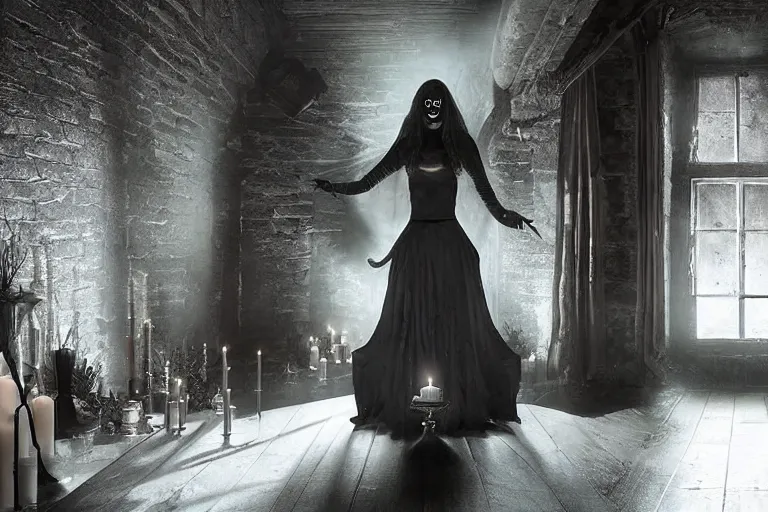 Prompt: VFX movie of ascending goth woman in the decadent attic, demonic magic ritual, candles, glowing eyes, natural lighting at night by Emmanuel Lubezki