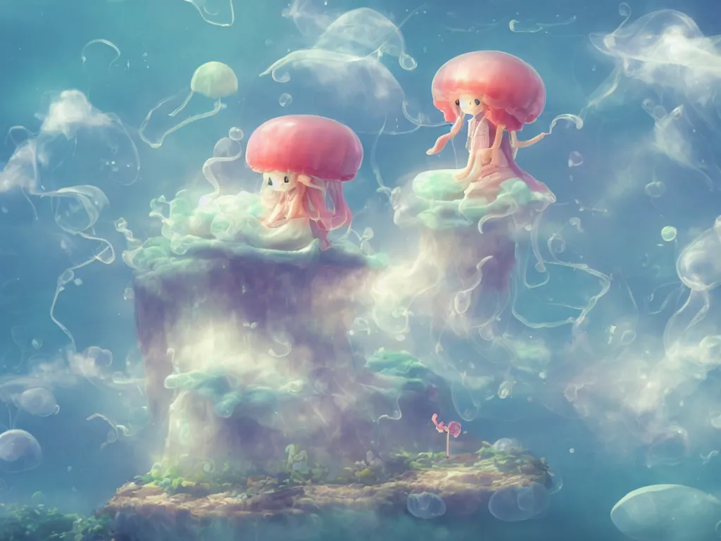 Image similar to cute fumo plush jellyfish girl sitting on a floating island, isometric projection, wisps of smoke and volumetric fog, vignette, vray