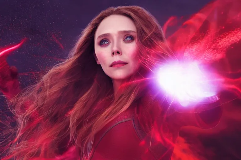 Image similar to movie still of elizabeth olsen as scarlet witch creating a barrier of red energy around herself!!!!!, photorealistic art style, fantasy aesthetic. full - body photography, comprehensive art, thorough details, intricate, artstation, cgsociety contest winner