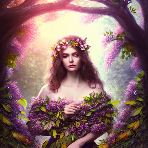 Prompt: a picture of a beautiful woman clothed in flowers and leaves sitting overlooking an enchanted forest, high fantasy, elegant, epic, detailed, intricate, digital painting, concept art, realistic detailed face, smooth, focus, rim light, detailed 8 5 mm f / 1. 4, anamorphic lens,