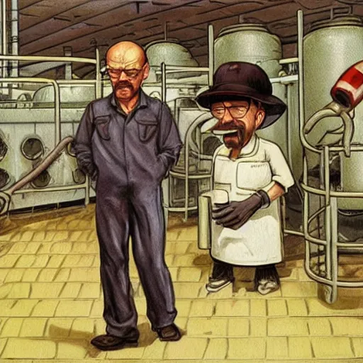 Prompt: Walter White and Luigi in chemical factory, artwork by Earl Norem,