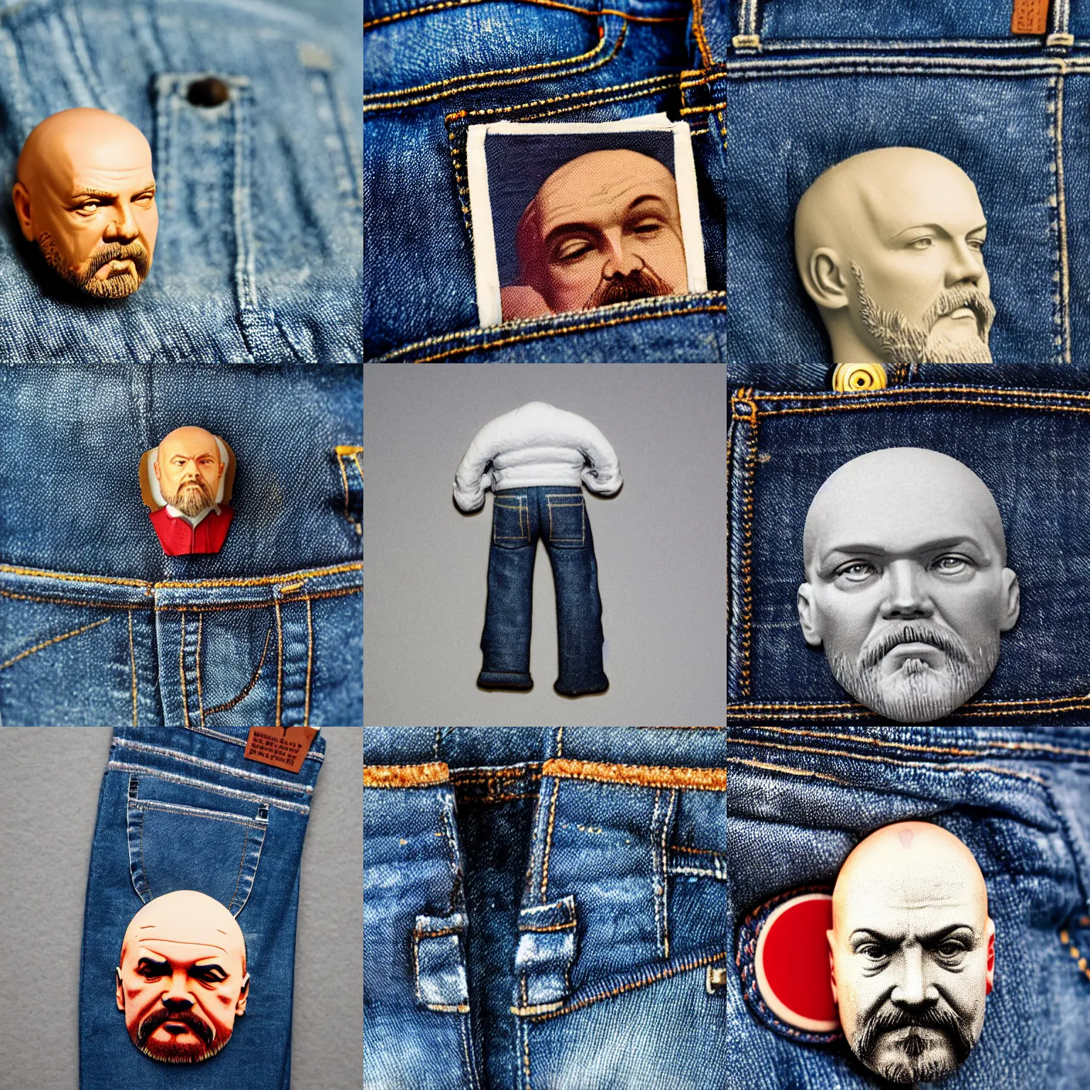 Prompt: a tiny lenin head peeking out of jeans pockets