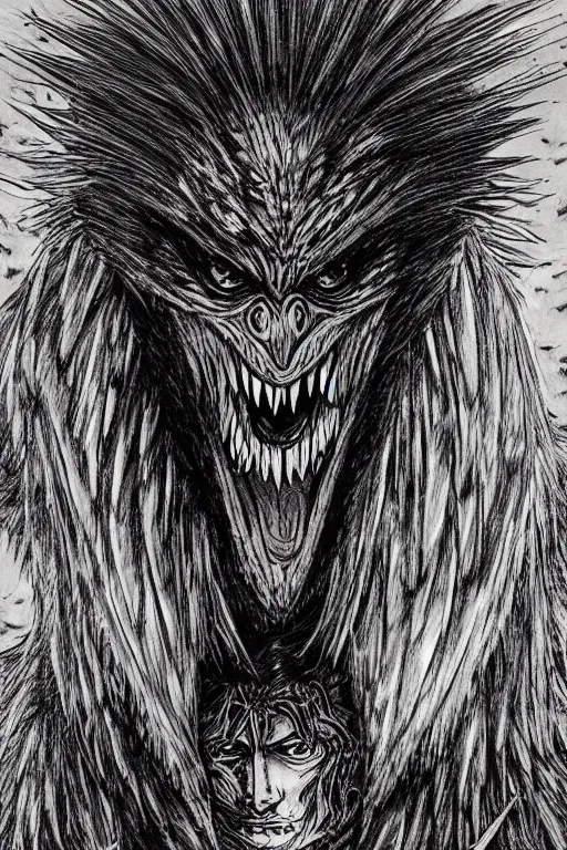 Image similar to crow monster, fangs, highly detailed, digital art, sharp focus, trending on art station, kentaro miura manga art style