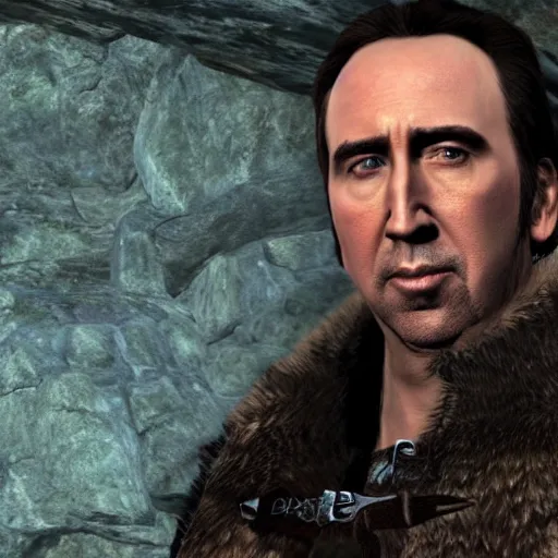 Image similar to Nicholas Cage as a Skyrim character, very detailed, Playstation 1 graphics, whole body, 4k