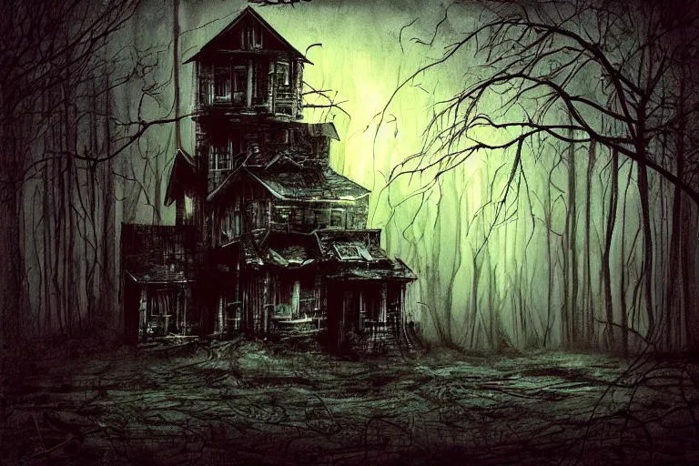 Prompt: mad horror painting of a futuristic witch house in the woods by ben templesmith