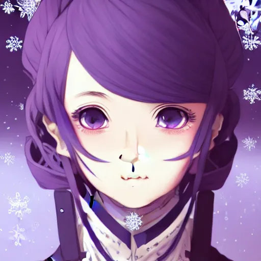 Image similar to wearing full clothing in full clothing victorian dress, beautiful anime woman, purple hair, red eyes, weapon, steampunk, symmetrical face, symmetrical eyes, full round face, short smile, detailed, winter setting, cinematic lighting, medium shot, mid - shot, makoto shinkai, artgerm, ilya kuvshinov, loish