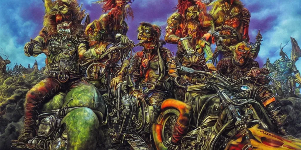 Image similar to psychedelic post apocalyptic orcish biker gang, sharp focus, psychedelic colors, boris vallejo, michael whelan