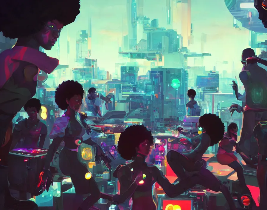 Image similar to afro - futuristic gamers, game consoles and joysticks, hacking the multiverse of gaming | hyperrealistic oil painting | by makoto shinkai, ilya kuvshinov, lois van baarle, rossdraws | afrofuturism, in the style of pascal blanche, trending on artstation | dark color scheme