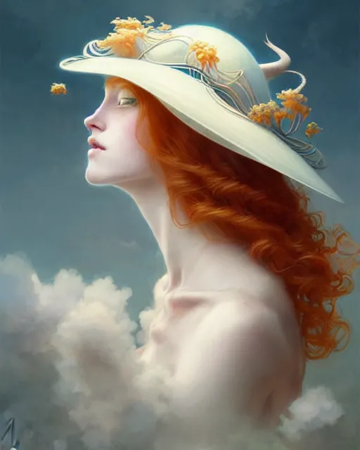 Prompt: Beautiful and playful ethereal ginger portrait, art nouveau, fantasy, with a hat made of clouds , elegant, highly detailed, sharp focus, art by Artgerm and Greg Rutkowski and WLOP