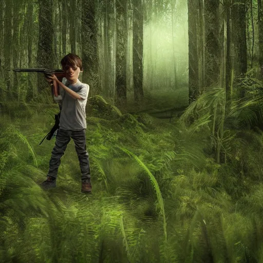 Prompt: in a background horror green forest, in foreground boy with shotgun, 8 k, ultra detailed