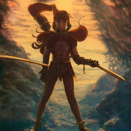 Image similar to a ultra detail picture portrait of A warrior in shimmering armor, the sun at their back, strides forward with sword held high. They are the embodiment of courage and strength, and they are ready to fight for what is right. vivid tones, wide angle, by miyazaki, nausicaa ghibli, 8k, photorealistic,