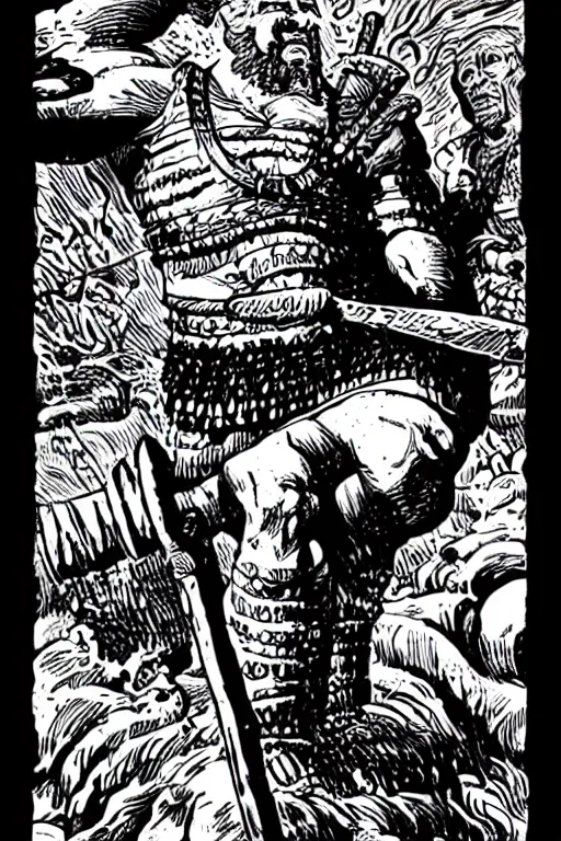 Image similar to ancient historically accurate depiction of the Bible Character Goliath of Gath, the Philistine warrior giant by mcbess