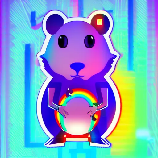 Image similar to cyberpunk hamster! holding rainbow! gem! crystal, neon lights, light reflection, logo, 8 k, hd