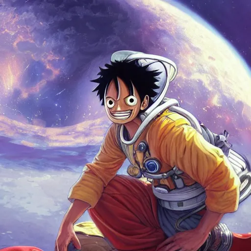 Image similar to luffy in a astronaut suit and luffy, intricate, luffy, highly detailed, digital painting, artstation, concept art, smooth, sharp focus, illustration, luffy, unreal engine 5, 8 k, art by artgerm and greg rutkowski and alphonse mucha