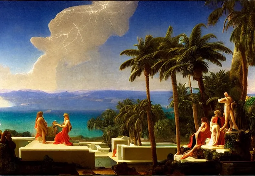 Image similar to The highest palace ever made, thunderstorm, greek pool, beach and palm trees on the background major arcana sky, by paul delaroche, hyperrealistic 4k uhd, award-winning very detailed