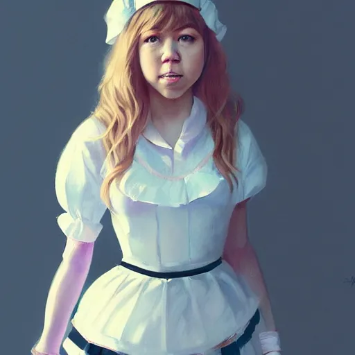 Prompt: detailed painting of jennette mccurdy wearing a maid outfit, 8 k, by greg rutkowski, artgerm, global illumination