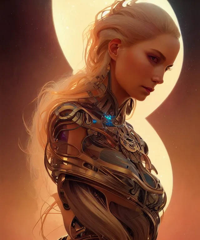 Image similar to futuristic woman portrait, sci-fi, amber eyes, face, long hair, fantasy, intricate, elegant, highly detailed, digital painting, artstation, concept art, smooth, sharp focus, illustration, art by artgerm and greg rutkowski and alphonse mucha