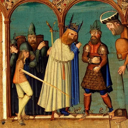 Prompt: a realistic medieval painting of a large bearded man being knighted