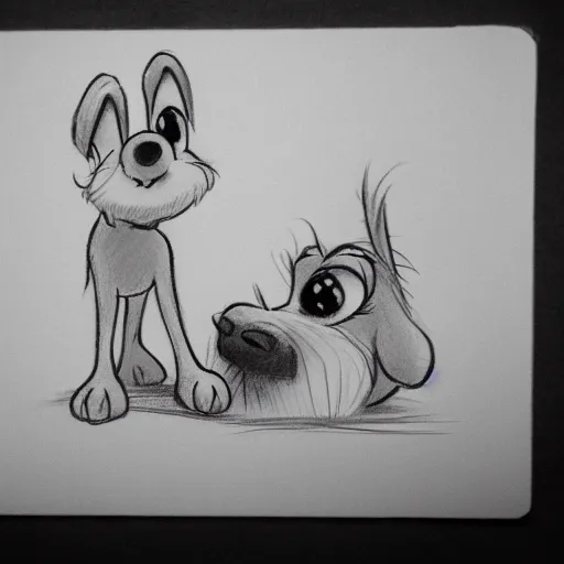 Image similar to milt kahl pencil sketch of happy mini schnauzer cartoon lady and the tramp style