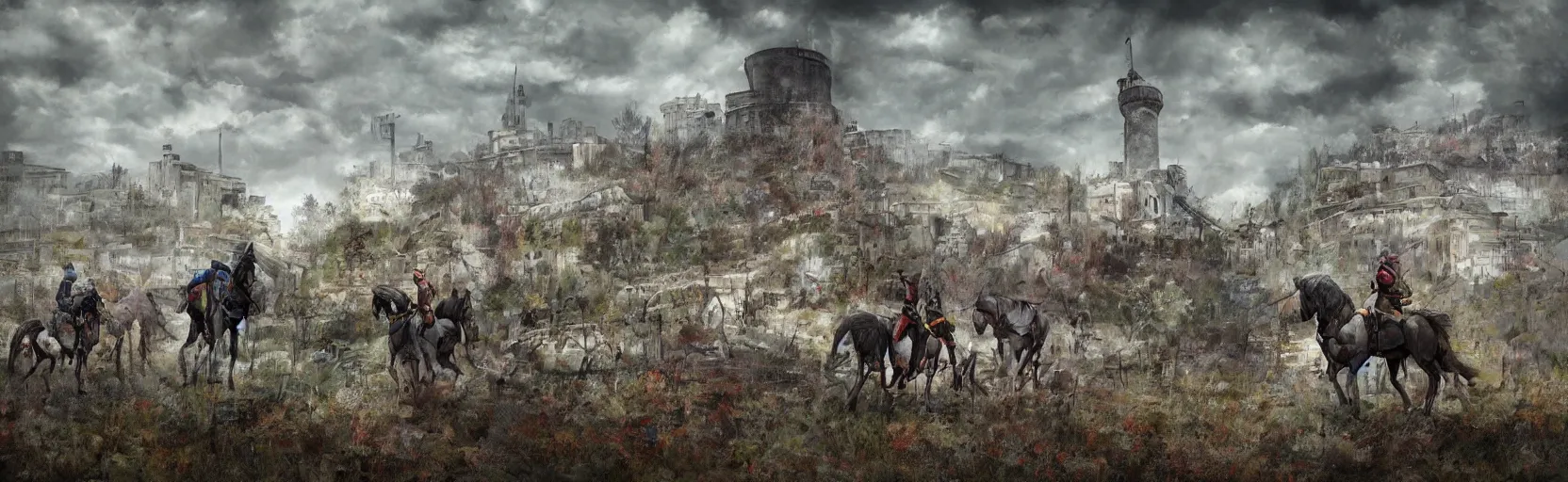 Image similar to horseback knights at scenic overlook; cloudy, grey skies, walled fort city deteriorating office buildings in background on hill; forest; la Bastille, post apocalyptic, grungy; colorful, crisp, artstation