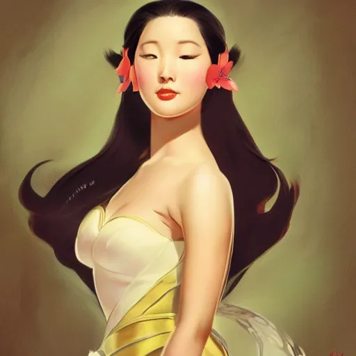 Prompt: portrait of a young curvaceous mulan, dreamy and ethereal, blossoms, expressive pose, peaceful expression, elegant, highly detailed, digital painting, artstation, concept art, smooth, sharp focus, by gil elvgren by harry ekham