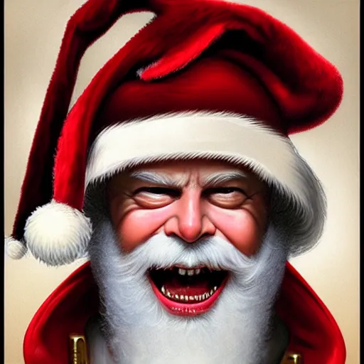 Prompt: frontal upper view of santa claus that is evil, cream colored cap, cream colored robe, red grinning mouth, cream colored background, fine art, award winning, intricate, elegant, sharp focus, cinematic lighting, digital painting, 8 k concept art, by michael hussar and greg manchess and brom and z. w. gu, 8 k