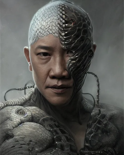 Image similar to realistic portrait beautiful detailed matte painting of cinematic movie scene jet li mutate into cyborg snake. horror, created by gustave dore and greg rutkowski, high detailed, smooth draw, synthwave neon retro, intricate, realistic proportions, dramatic lighting, trending on artstation.