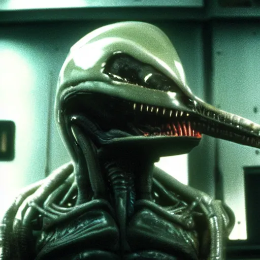 Image similar to cinematic still of sir david attenborough watching a xenomorph from the distance in 1 9 7 9 movie alien, hd, 4 k