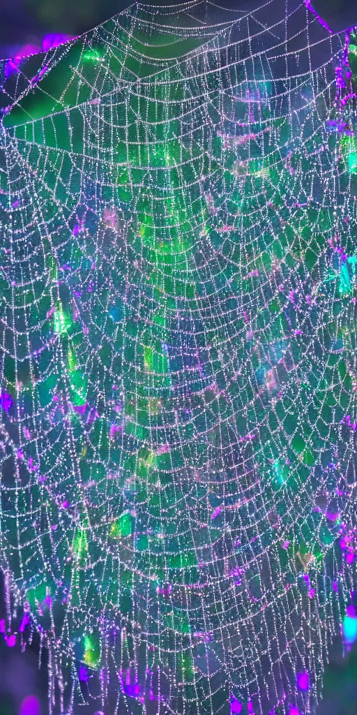 Prompt: a cobweb made of iridiscent platinum and ceramic chains, 4k photography flash