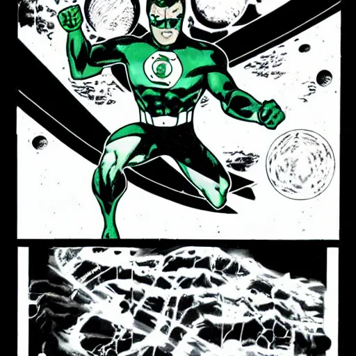 Prompt: comic Green Lantern in black and white uniform in space flying infront of the moon,