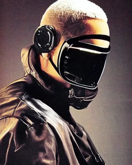 Image similar to young eminem wearing a futuristic mechanical mask with amber eye reflective lenses, and black leather body armor.