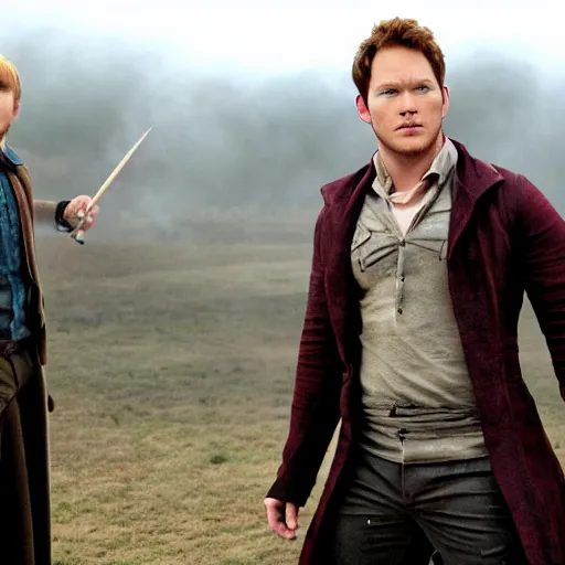 Image similar to Chris Pratt in the movie Harry Potter And The Prisoner Of Azkaban, dueling with Malfoy