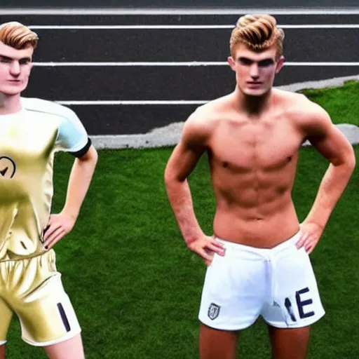 Image similar to a realistic detailed photo of a guy who is an attractive humanoid who is half robot and half humanoid, who is a male android, soccer players martin ødegaard & timo werner, shiny skin, posing like a statue, blank stare, in a factory, on display, showing off his muscles, gold soccer shorts, side view, looking at each other mindlessly